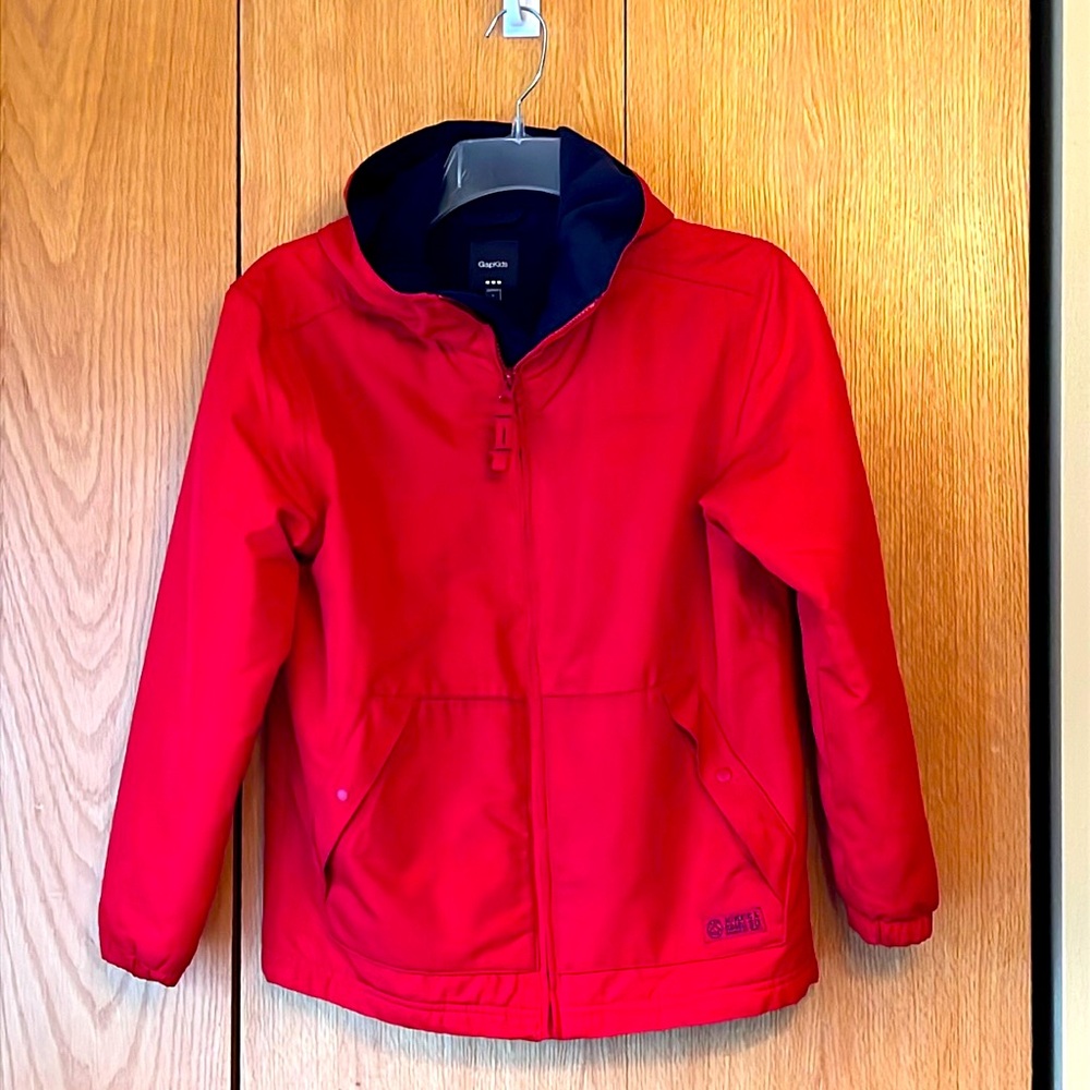 Gap Size Large 10 - 12 Boy’s Red Hooded Coat Jacket zip fleece lined hood torso
